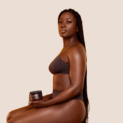 Model Holding Mahogany Gold Butter Champagne background